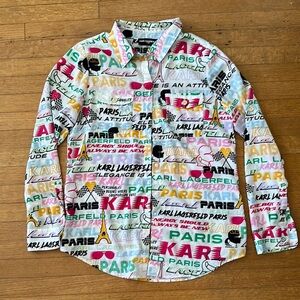 Karl Lagerfeld Eiffel Tower Paris text print convertible sleeve shirt S